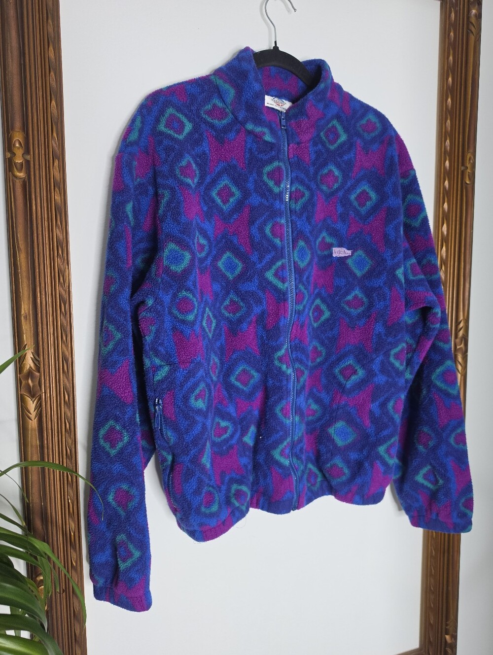 Vintage Geometric Pattern Fleece Jacket - Blue & Purple